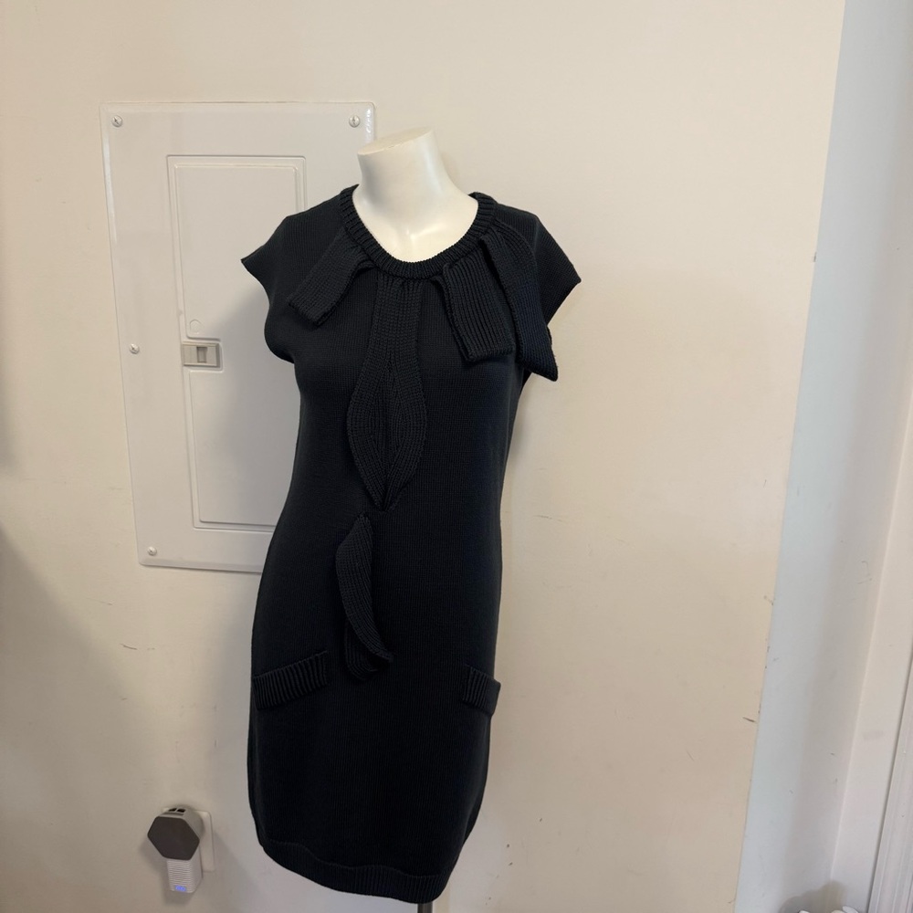 NINA RICICI Black Knit Cap-Sleeve Dress with Front Tie